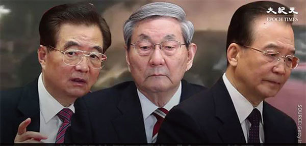 胡錦濤、朱鎔基、溫家寶（左至右）缺席李鵬遺體告別式，拒背「六四」鎮壓及三峽工程兩大黑鍋。（視頻截圖）
