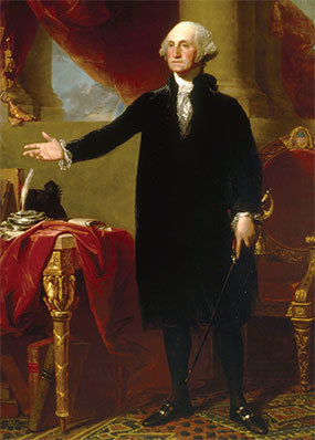 華盛頓表態拒絕第三屆任期時的情景。Gilbert Stuart繪。（公有領域）