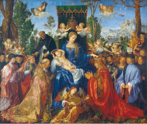 杜勒〈玫瑰花冠盛宴〉，1506年。西方文藝復興時代創造了許多虔誠神聖的宗教繪畫。這幅畫中，聖母瑪麗亞懷抱聖嬰，賜給眾人玫瑰花冠。在下一輪的世界性文藝復興時代，將創造出什麼樣的聖畫像？（公有領域）