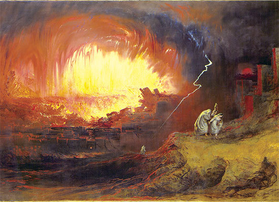 西方傳說中的「罪惡之城」索多瑪，因為淫亂等惡行被神以天火毀滅。圖為〈索多瑪與蛾摩拉的毀滅〉，英國浪漫主義畫家John Martin繪於1852年。（公有領域）