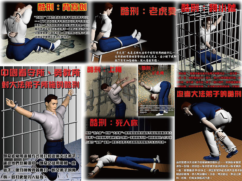 中共對中國法輪功學員採用的部分酷刑手段圖示。（明慧網）