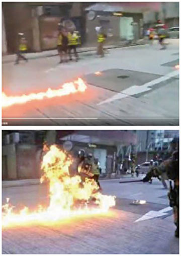 央視報導稱8月11日晚「暴徒」向警員投擲汽油彈，致警員多處燒傷。對比胡錫進推特視頻截圖（上），央視的圖片憑空多出一個人形的火焰。（視頻截圖）