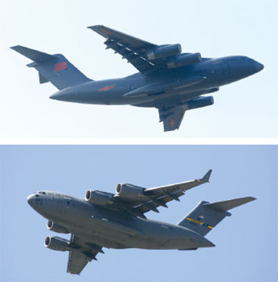 中共運-20（Y-20，上）與美國空軍的C-17運輸機III（下）具有相似設計。（AFP）