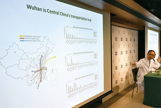 武漢是九省通衢，四通八達。圖為1月21日港大醫學院院長梁卓偉預報春運期間武漢肺炎在大陸及國際的可能傳播程度。（AFP）