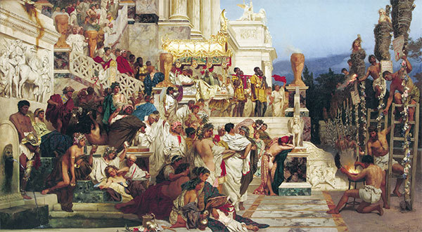 羅馬四次大瘟疫之後，羅馬帝國亡國，而被殘酷迫害的基督教卻深遠地影響了世界文明。圖為波蘭畫家西米爾拉德斯基〈尼祿的火炬〉。（維基百科）
