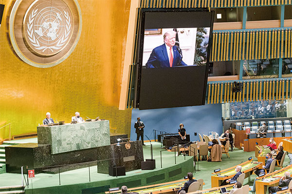 9月22日，特朗普總統通過視訊方式參加第75屆聯合國大會，並發表演講。這場預錄演講只有8分鐘，有八成是在炮轟中共與「中國病毒」。（AFP）