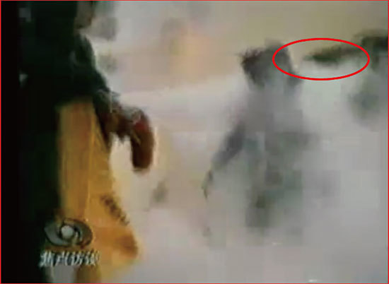 CCTV「自焚」節目慢動作分析，2001年1月23日「天安門自焚偽案」中的劉春玲被當場打死。在滅火器噴射的同時，一隻手臂掄了起來，甩出重物猛擊劉春玲的頭部。