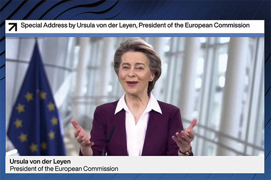 2021年1月26日，歐盟委員會主席馮德萊恩在世界經濟論壇視頻連線時，強調「大重構」倡議非常重要。（Handout / WEF / AFP）