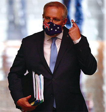 總理斯科特・莫里森2020年11月底在接受英國智庫頒獎時，就表示澳洲拒絕「大重構」計畫。圖為莫里森2020年11月12日在堪培拉國會大廈。（Sam Mooy/Getty Images）
