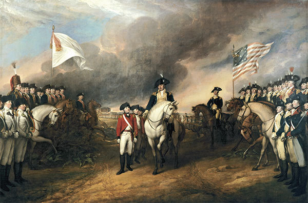 1775年至1783年，美國獨立戰爭爆發。圖為1781年10月19日華盛頓在維吉尼亞州約克鎮接受康瓦利斯率領英軍投降的情景，John Trumbull繪。（公有領域）