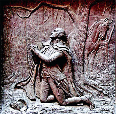 1777年冬天，大陸軍總司令華盛頓率軍從費城敗退到福吉谷，困境中華盛頓祈禱上天的救助，看到了神啟異象。圖為聯邦國家紀念堂中的華盛頓雕塑作品〈福吉谷的祈禱〉。（Shutterstock）