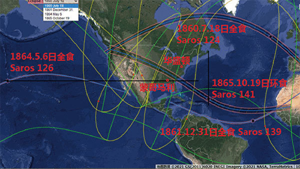 1860年至1865年的四次日食感應（影響）林肯總統與南北戰爭，1864年5月6日日全食最強點（食甚點，黑點）的緯度（黑線）剛好經過蒙哥馬利。（NASA／歸元後製） 