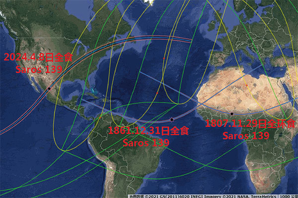 沙羅周期139序列的三個日食與日食帶：1807年11月29日日全環食是林肯的出生日食帶，1861年12月31日日全食帶是第一次轉輪周期日食帶，2024年4月8日日全食帶將是第四次轉輪周期日食帶。（NASA／歸元後製）