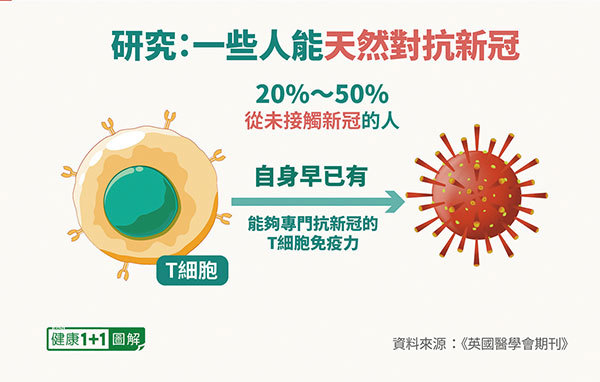 有20～50％的健康人早在新冠病毒出現之前，體內就預先存在了針對新冠病毒的T細胞免疫力。（大紀元）