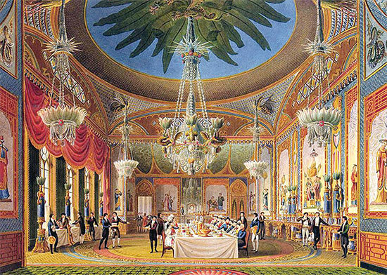 英國布萊頓皇宮（Royal Pavilion）中高懸著穿長袍的中國優雅大臣、仕女巨幅畫像。（維基百科）