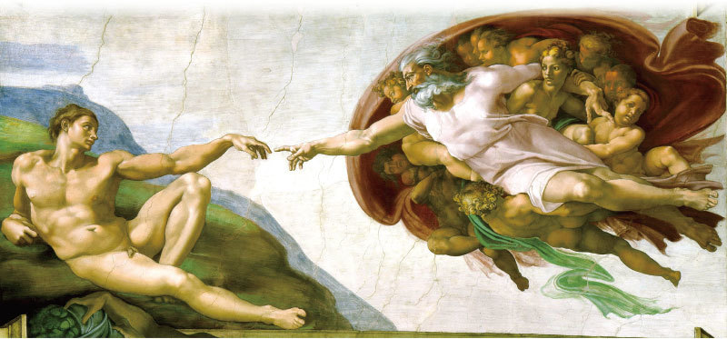〈創造亞當〉，米開朗基羅創作的西斯汀小堂天頂畫〈創世紀〉的一部分，創作於1511至1512年間的文藝復興全盛期。（公有領域）