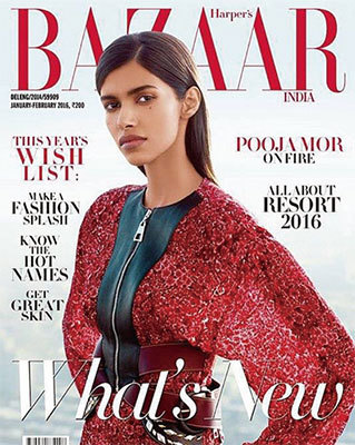 普賈．莫爾2016年春登上《時尚芭莎》雜誌封面。（Pooja Mor/Facebook）