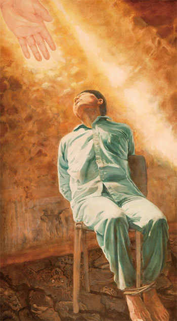 真善忍美展作品〈劉成軍〉（堅忍不屈的精神），Kathleen Gillis，油畫，32×58英吋，2004年。（傳統藝術中心）
