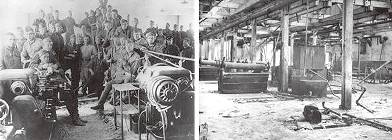 蘇軍對東北的物質掠奪，重創東北重工業。左圖為蘇聯士兵在準備拆卸的東北工廠合照，右圖為被蘇聯拆卸一空的東北工廠。（資料圖片）