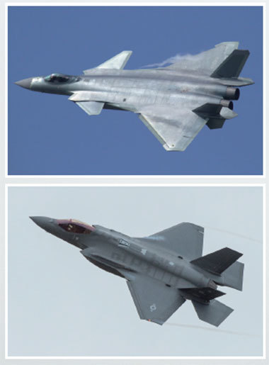 中共殲-20（上）被指是美國F-35戰機（下）的山寨版。2014年美國先後逮捕了兩名在美工廠涉嫌竊取F-35戰鬥機發動機技術及製造技術的中國公民。（AFP）