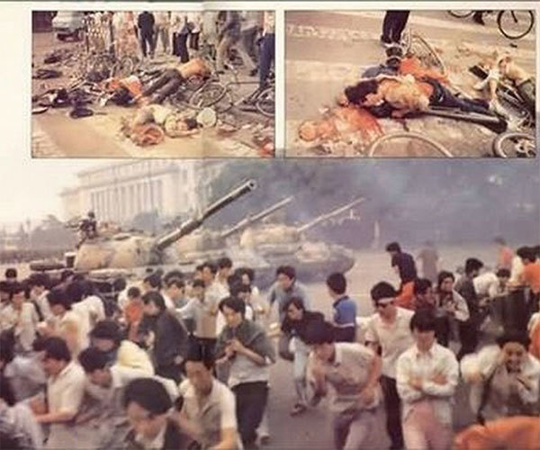 1989年6月3日晚間至6月4日凌晨，中共調集20多萬戒嚴部隊進行血腥鎮壓，開槍屠殺手無寸鐵的學生和北京市民，用坦克車輾壓民眾。（六四檔案）