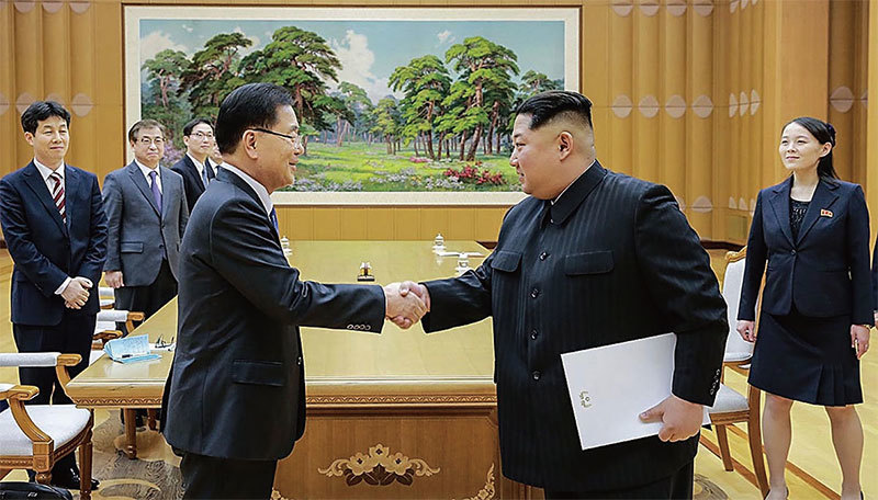 2018年3月5日，金正恩與韓國特使團會面。（Getty Images）