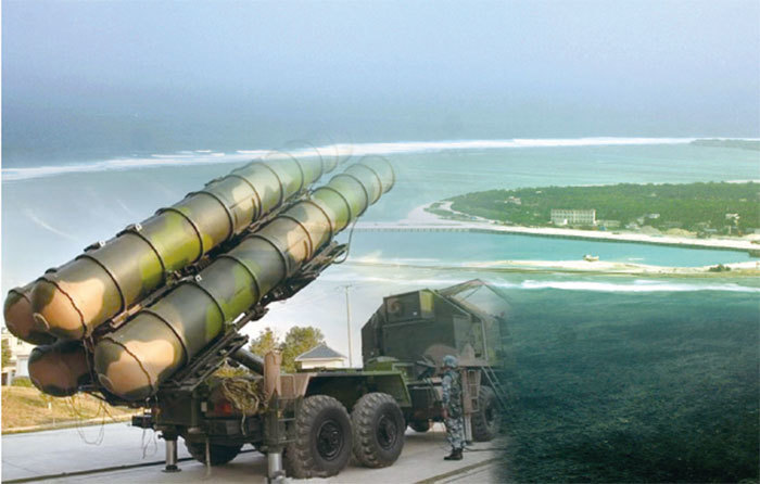 南海島礁永興島上的「紅旗-9」防空導彈發射臺（圖）、電子干擾武器和巡航導彈及其偽裝網6月2日已被移除。（新紀元合成圖）