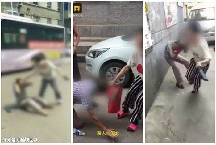 6月24日，山西陽泉區一名女子當街揪扯母親的頭髮，對她毆打大罵。（網路圖片）