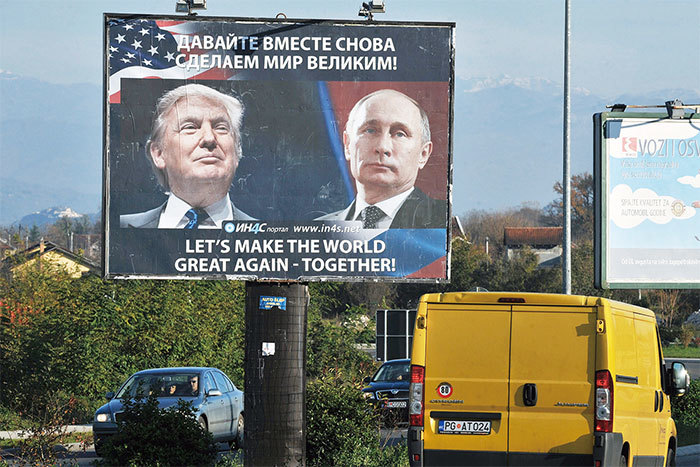俄羅斯骨子裡並沒有敵對美國的意思。普京去年曾表示致力於俄美關係正常化，隨時準備與特朗普會面。圖為2016年11月16日，親塞爾維亞運動人士在黑山共和國一個城鎮豎起的廣告牌。（AFP）