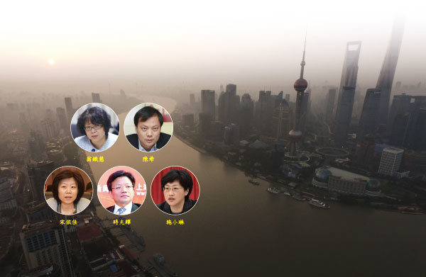 上海五名本土官員左起翁鐵慧、陳希、宋依佳、時光輝、施小琳，相繼被調離上海，顯示習近平對上海官場的清洗仍在進行中。（新紀元合成圖）