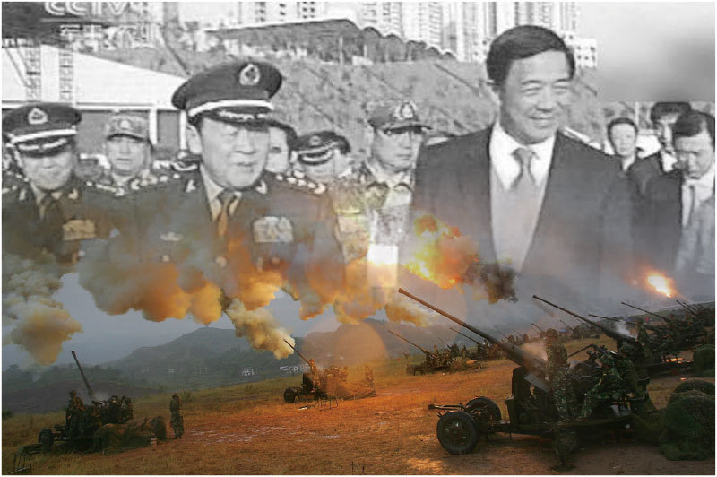 2011年11月胡錦濤出訪夏威夷期間，成都軍區在重慶舉行軍事演習，梁光烈（左）以中央軍委委員和國防部長的身分到場力挺重慶市委書記薄熙來（右）。（新紀元合成圖）