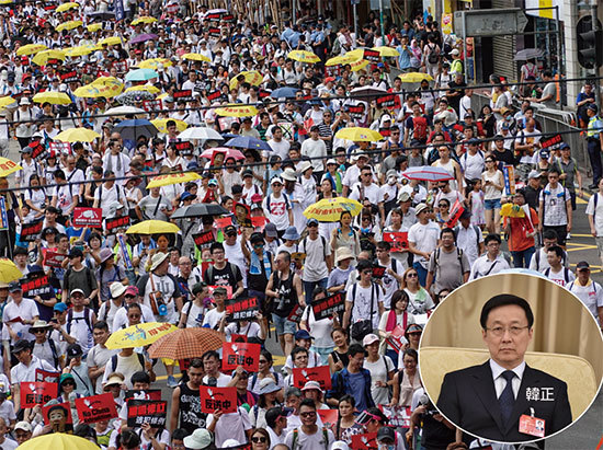 6月9日逾百萬港人「反送中」大遊行，導火線是政治局常委韓正等公開挺《逃犯條例》修訂，刺激「反送中」抗議活動，重演2014年香港雨傘運動的歷史。（新紀元合成圖）